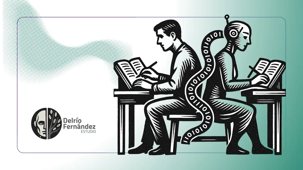 Ilustración de un hombre y un robot escribiendo en escritorios enfrentados, unidos por una cinta de unos y ceros