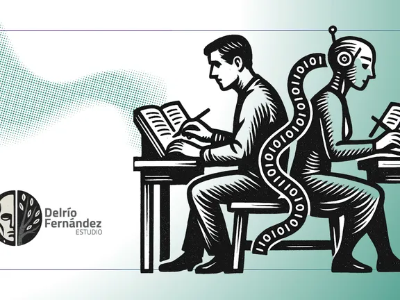 Ilustración de un hombre y un robot escribiendo en escritorios enfrentados, unidos por una cinta de unos y ceros