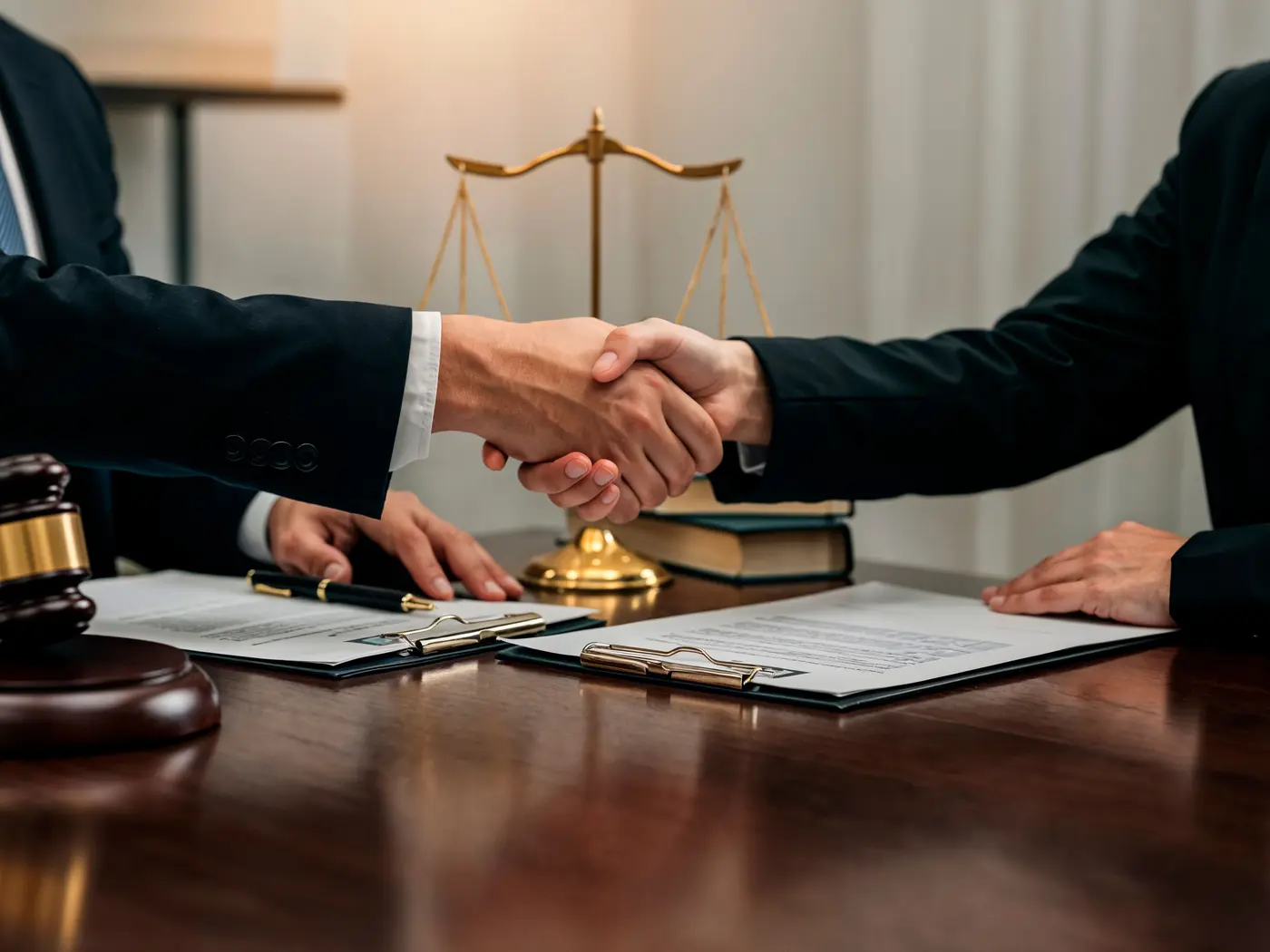 Dos personas se dan la mano sobre un escritorio con un mazo de juez y una balanza de la justicia