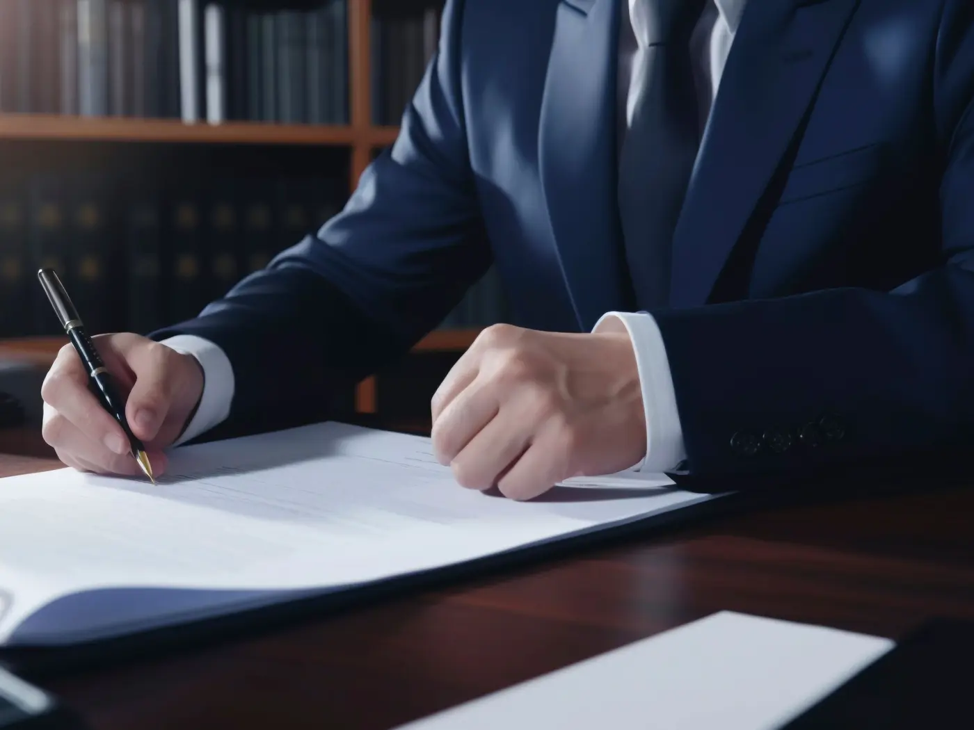 Un hombre de traje firma documentos en un escritorio, con una biblioteca y un mazo de juez