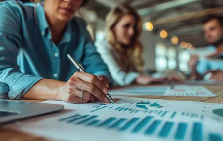 Una mujer marca un informe con gráficos de barras mientras dos personas trabajan al fondo